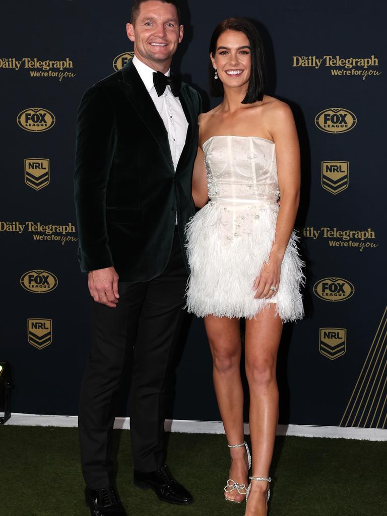 Jarrod Croker of the Raiders and his wife Brittney Wicks were dressed by Donny Galella. Picture: Mark Kolbe/Getty Images