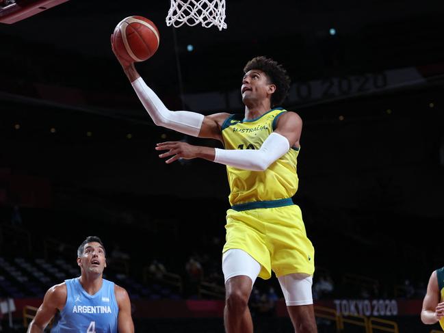 Matisse Thybulle made an impact at both ends of the floor for the Aussies. Picture: AFP