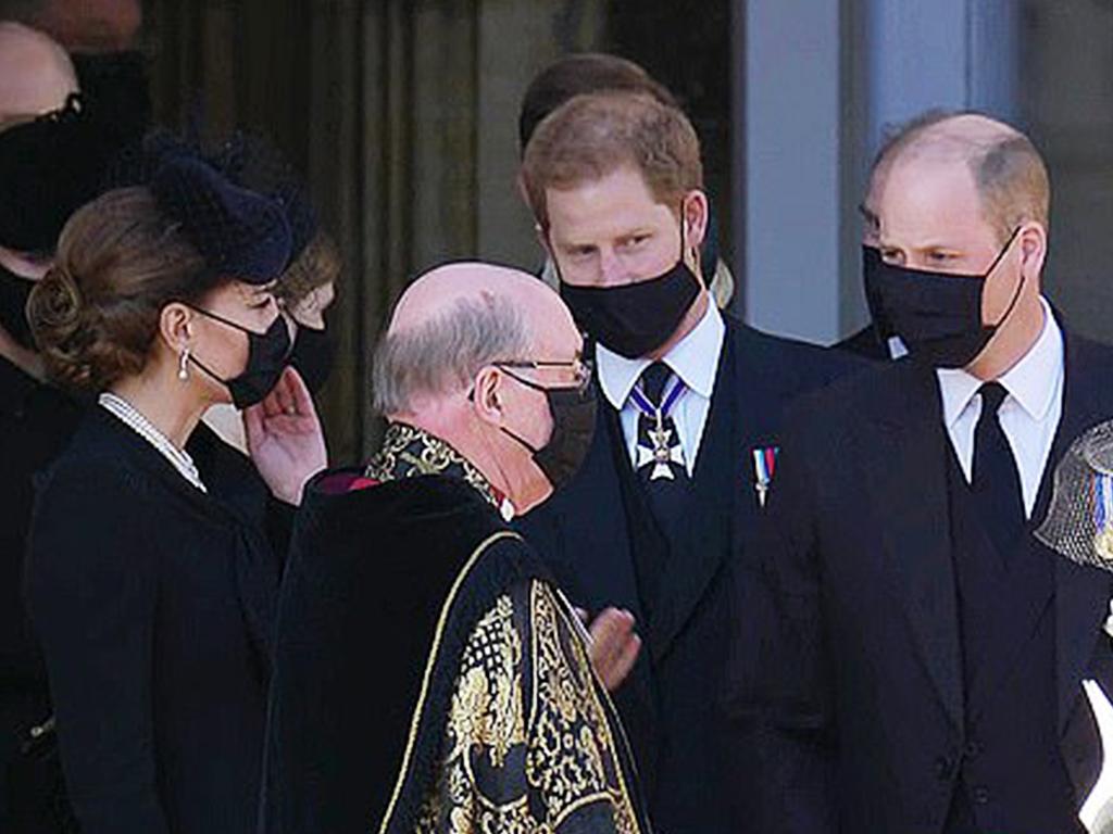 Kate, Prince Harry and Prince William leave the funeral service for Prince Philip. Picture: BBC