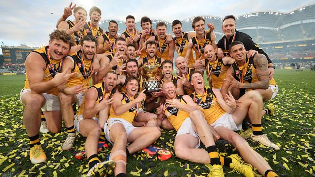 Tigers players celebrate after winning the SANFL grand final against Norwood at the Adelaide Oval. Picture: SANFL Image/David Mariuz