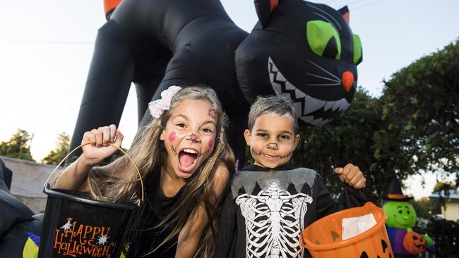 Sophia and Elijah Hooper trick or treating on Halloween in Newtown, Sunday, October 31, 2021. Picture: Kevin Farmer