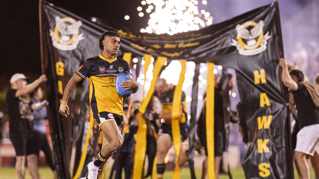 Blake Appo runs out for Gatton against Valleys in TRL Hutchinson Builders A-grade grand final rugby league at Toowoomba Sports Ground, Saturday, September 14, 2024. Picture: Kevin Farmer