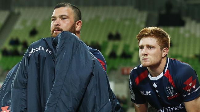 MELBOURNE, AUSTRALIA - MAY 02: Laurie Weeks (L) and Nic Stirzaker of the Rebels react in the dying stages during the round 12 Super Rugby match between the Rebels and the Sharks at AAMI Park on May 2, 2014 in Melbourne, Australia. (Photo by Michael Dodge/Getty Images)