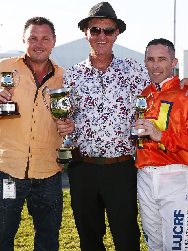 Multifacets trainer Stephen Massingham, Multifacets owner Tom Hedley and Jockey Chris Whitely won the Cairns Amateur Cup, held at Cannon Park. PICTURE: BRENDAN RADKE.