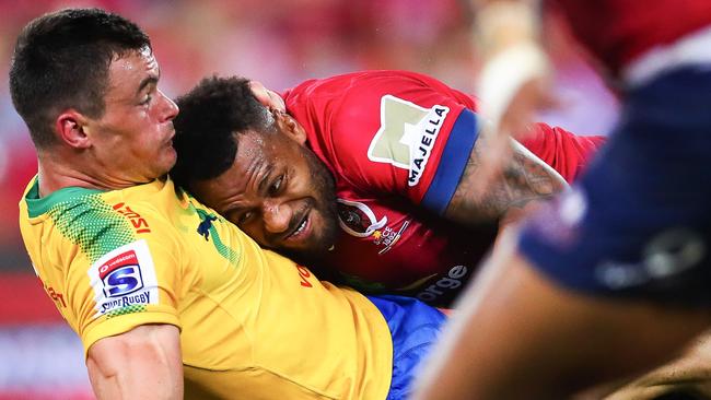 Queensland’s Samu Kerevi smashes the Bulls’ Jesse Kriel in the tackle.