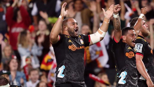 Chiefs prop Karl Tu'inukuafe celebrates a win during in Hamilton.