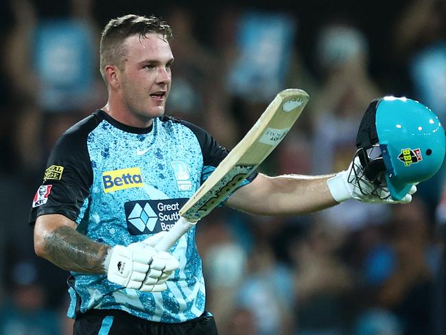 Josh Brown celebrates a century for Brisbane Heat during the BBL finals this year. Picture: Chris Hyde/Getty Images