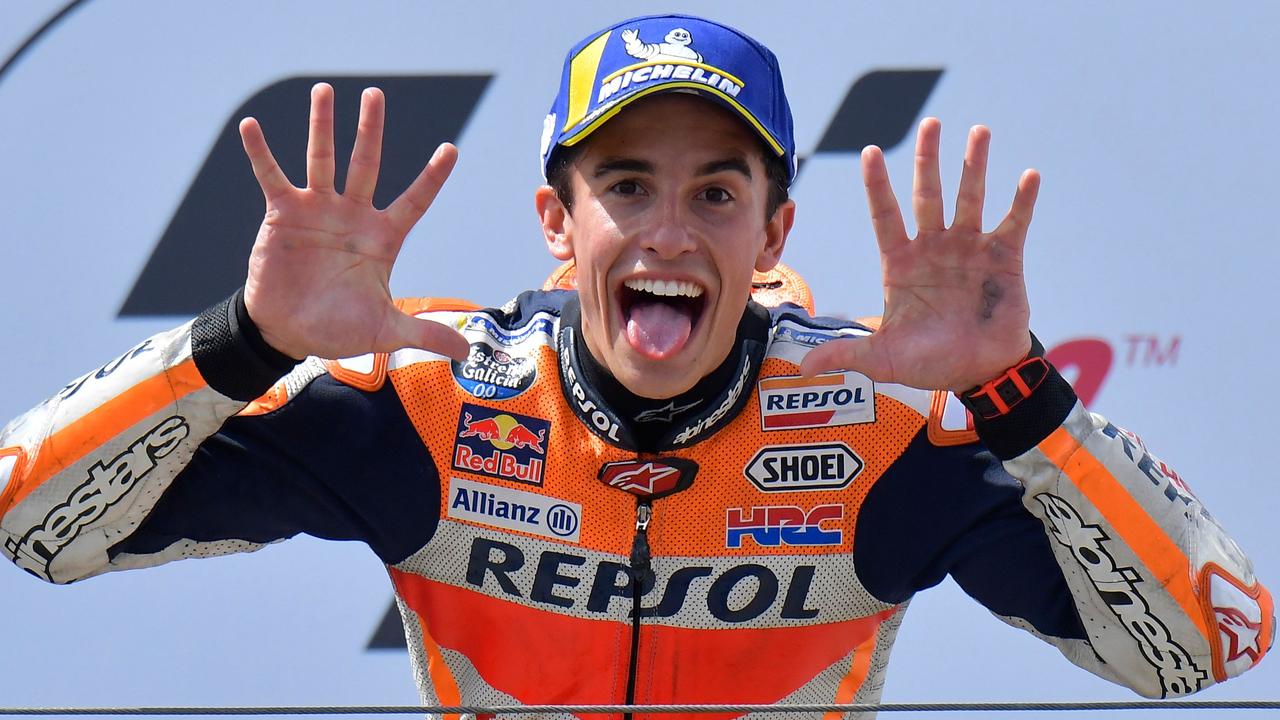 Marc Marquez hams it up after his 10th MotoGP victory in Germany. Picture: AFP