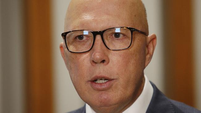 SYDNEY, AUSTRALIA - NewsWire Photos APRIL 3rd, 2024:  Leader of the opposition Peter Dutton speaking at a press conference after giving  the keynote address at the COSBOA (Council of Small Business Organisations Australia) Summit at the Sofitel , Darling harbour.  Picture: NCA NewsWire / John Appleyard