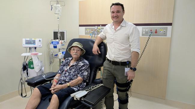 Cancer patient Warren Hermann and Dr Joel Wright at the Townsville University Hospital.