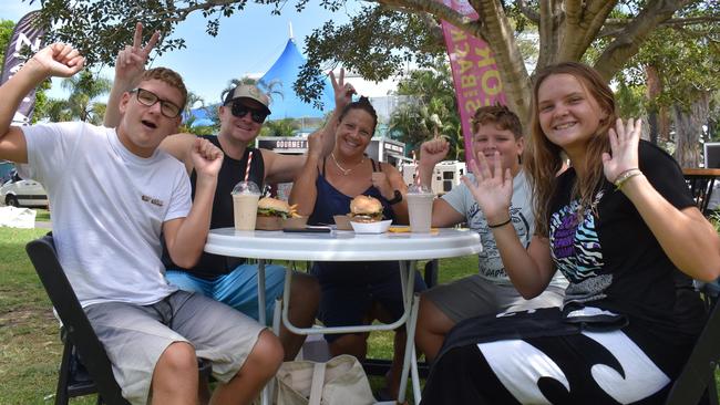 (L-R) Emilio Escobar-Lang, Justin Lang, Livy Escobar-Lang, Marcelo Escobar-Lang and Isabella Escobar-Lang at day two of the Senior and Masters division of the 2023 Queensland Surf Life Saving Championships at Mooloolaba. Photo: Elizabeth Neil