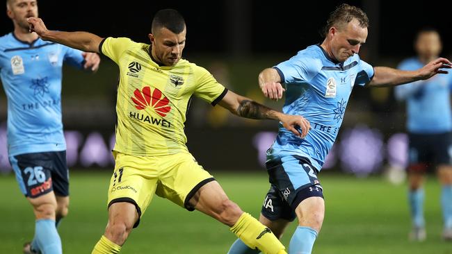 Jaushua Sotirio and Ryhan jostle for possession at Netstrata Jubilee Stadium. Picture: Getty Images