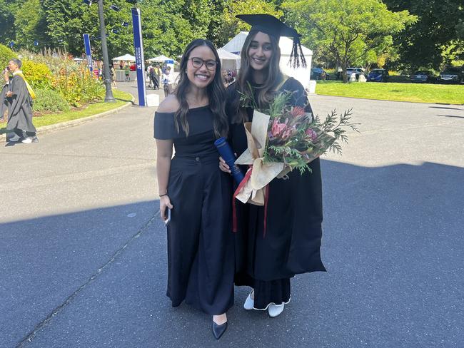 Melissa Hua and Rubab Batool (Master of Information Systems) at the University of Melbourne graduations held at the Royal Exhibition Building on Friday, December 13, 2024. Picture: Jack Colantuono