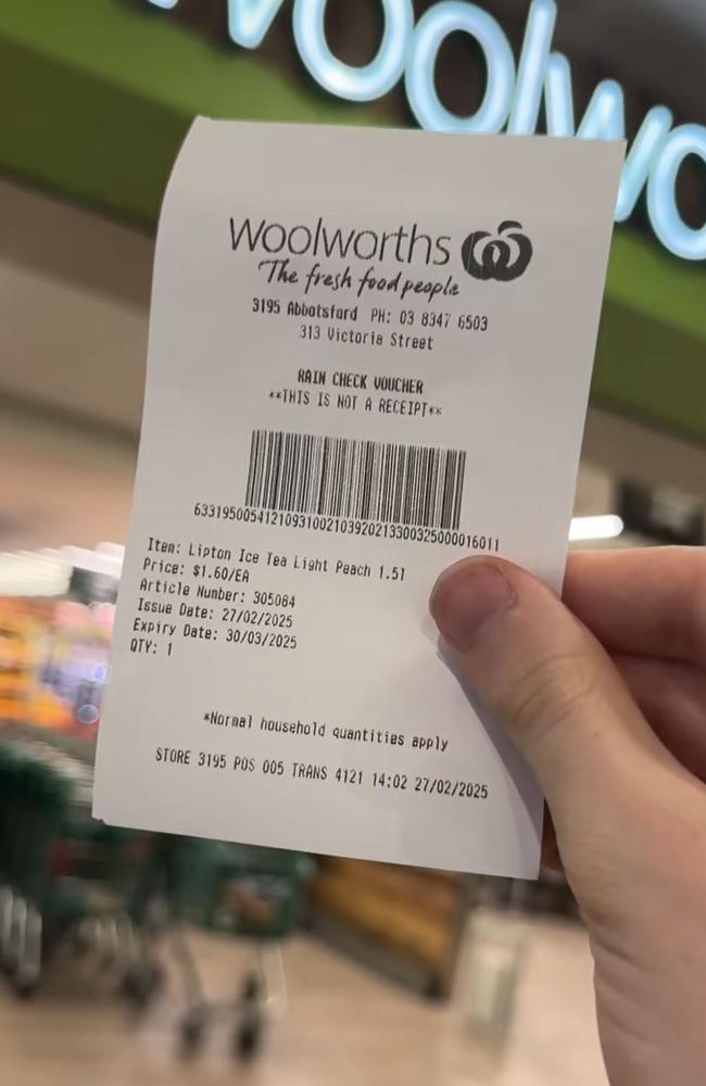 Once you request a raincheck, you’ll be issued one of these guys. Picture: TikTok/Woolworths
