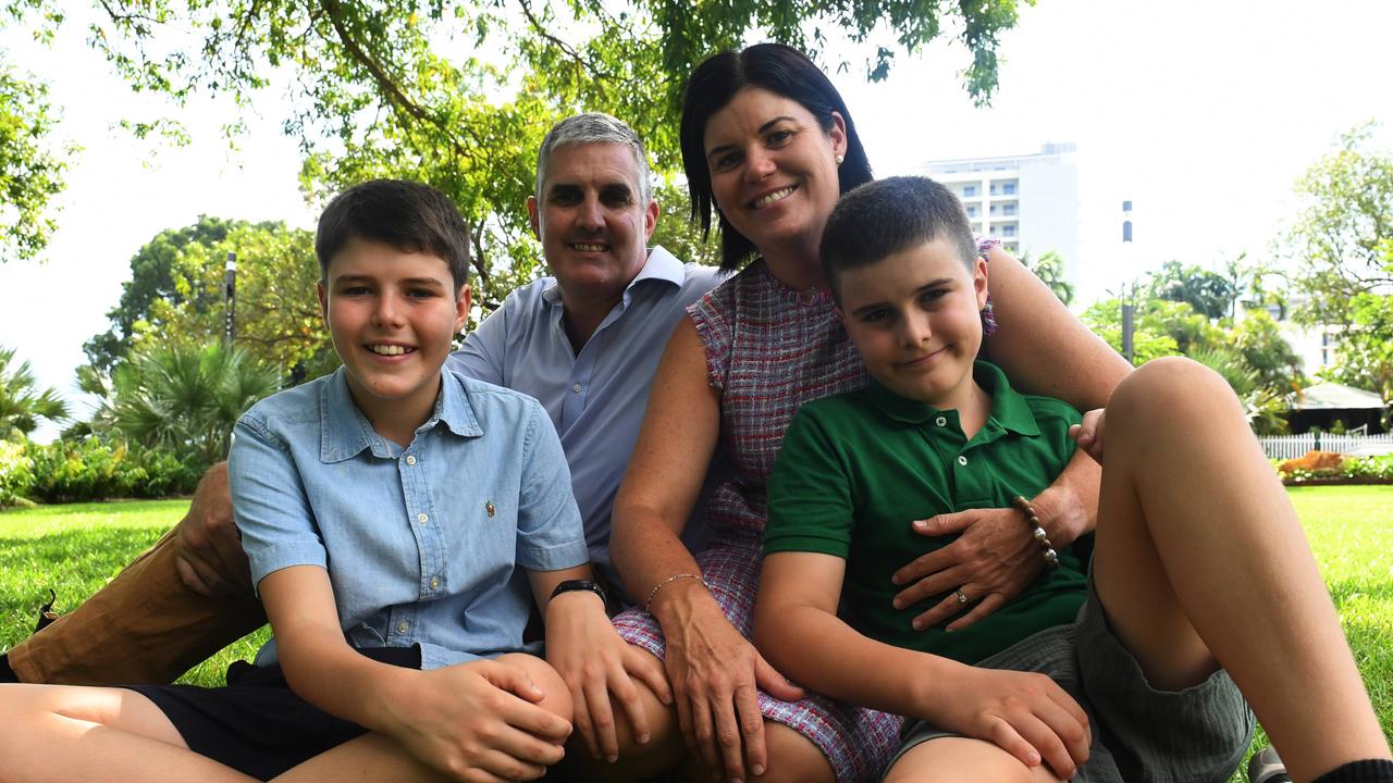 Newly appointed Chief Minister Natasha Fyles, with her partner Paul Archbold and sons Ollie and Henry. Picture: (A)manda Parkinson