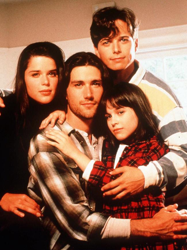 Campbell with her Party of Five TV family Matthew Fox, Scot Wolf and Lacey Chabert. Picture: Supplied