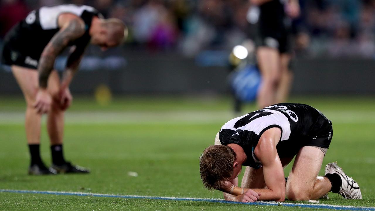 Todd Marshall reacts to the final siren in the 2020 preliminary final.