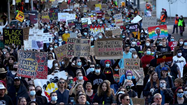 Hundreds of locals gather for a Black Lives Matter protest in Civic Park, Newcastle. Picture: Toby Zerna