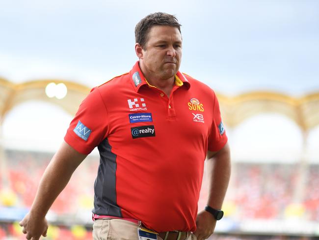 Suns coach Stuart Dew is seen prior to the Round 4 AFL match between the Gold Coast Suns and the Carlton Blues at Metricon Stadium on the Gold Coast, Sunday, April 14, 2019. (AAP Image/Dave Hunt) NO ARCHIVING, EDITORIAL USE ONLY