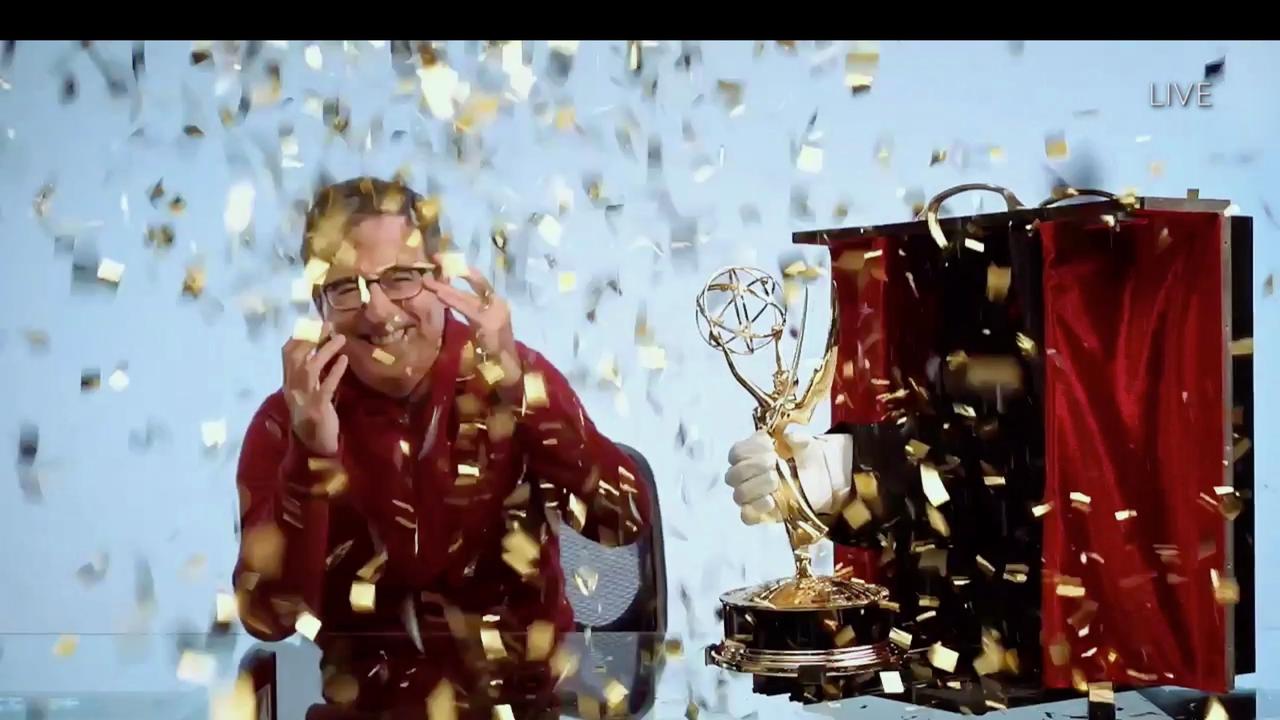 John Oliver pictured winning the Emmy for Outstanding Variety Talk Series with “Last Week Tonight with John Oliver.” Picture: AFP/ABC