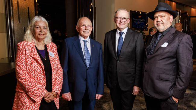 Marcia Langton, Mark Leibler, Anthony Albanese and Noel Pearson at the Grand Hyatt in Melbourne on Monday night. Picture: Aaron Francis