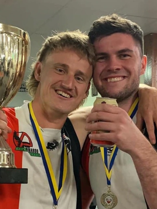 Pinnaroo players celebrate the club’s 2022 premiership in the Mallee Football League, which will likely be the last season for the competition. Picture: Supplied