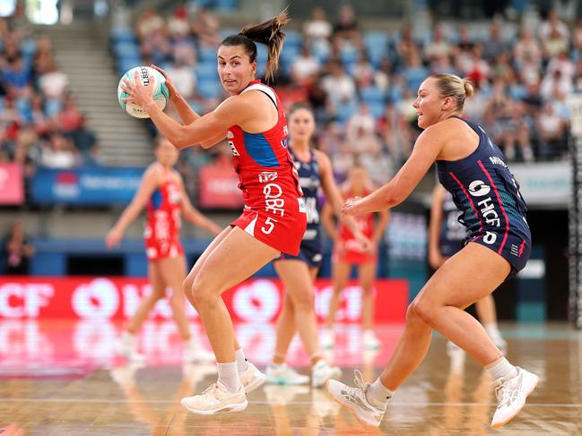 Maddy Proud of the Swifts looks to pass the ball during the 2024 Suncorp Team Girls Cup. Picture: Mark Metcalfe/Getty Images for Netball Australia.