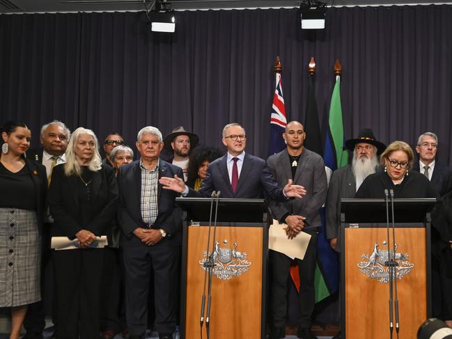 Prime Minister, Anthony Albanese holds a press conference with the Minister for Indigenous Australians, Linda Burney, the Attorney-General, Mark Dreyfus, Senator Malarndirri McCarthy, Senator Patrick Dodson, and members of the Referendum Working Group at Parliament house in Canberra. Picture: NCA NewsWire / Martin Ollman