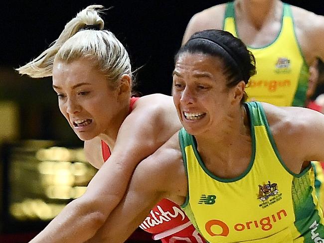 CAPE TOWN, SOUTH AFRICA - AUGUST 03: Helen Housby of England and Ash Brazill of Australia during the Netball World Cup 2023, Pool F match between Australia and England at Cape Town International Convention Centre Court 1 on August 03, 2023 in Cape Town, South Africa. (Photo by Ashley Vlotman/Gallo Images/Netball World Cup 2023 via Getty Images)