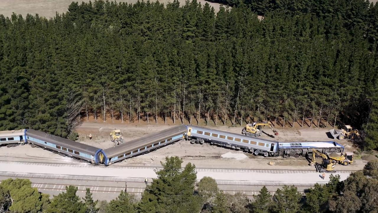 Two people died and 61 were injured when a Sydney to Melbourne passenger train derailed at Wallan, north of Melbourne, in February 2020. Picture: Australian Rail Track Corporation.