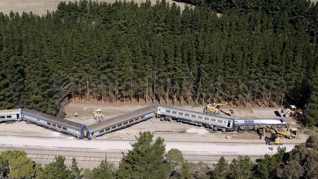Two people died and 61 were injured when a Sydney to Melbourne passenger train derailed at Wallan, north of Melbourne, in February 2020. Picture: Australian Rail Track Corporation.