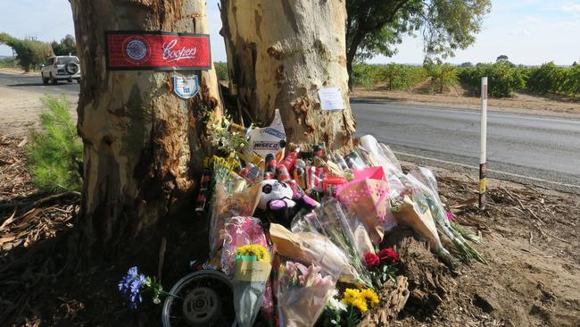 Tributes at the crash site on Angaston Road, Nuriootpa. Picture: Jason Katsaras