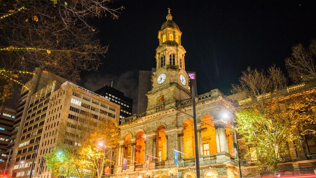 The Adelaide Town Hall at night. Picture: Morgan Sette