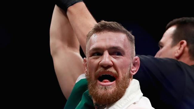 Conor McGregor of Ireland celebrates his KO victory over Eddie Alvarez of the United States.