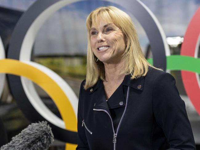 Brisbane 2032 Olympic Organising Committee CEO, Cindy Hook, addressing the media at the unveiling of the Olympic Rings and Paralympic Agitos structures.