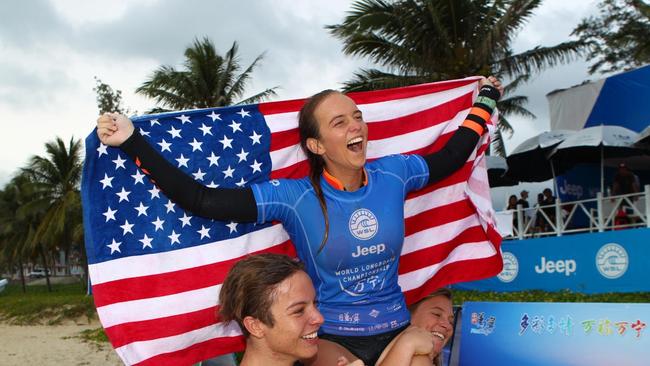 Young longboarder Rachael Tilly winning the 2015 Longboard Championship in Riyue Bay in Hainan, China.