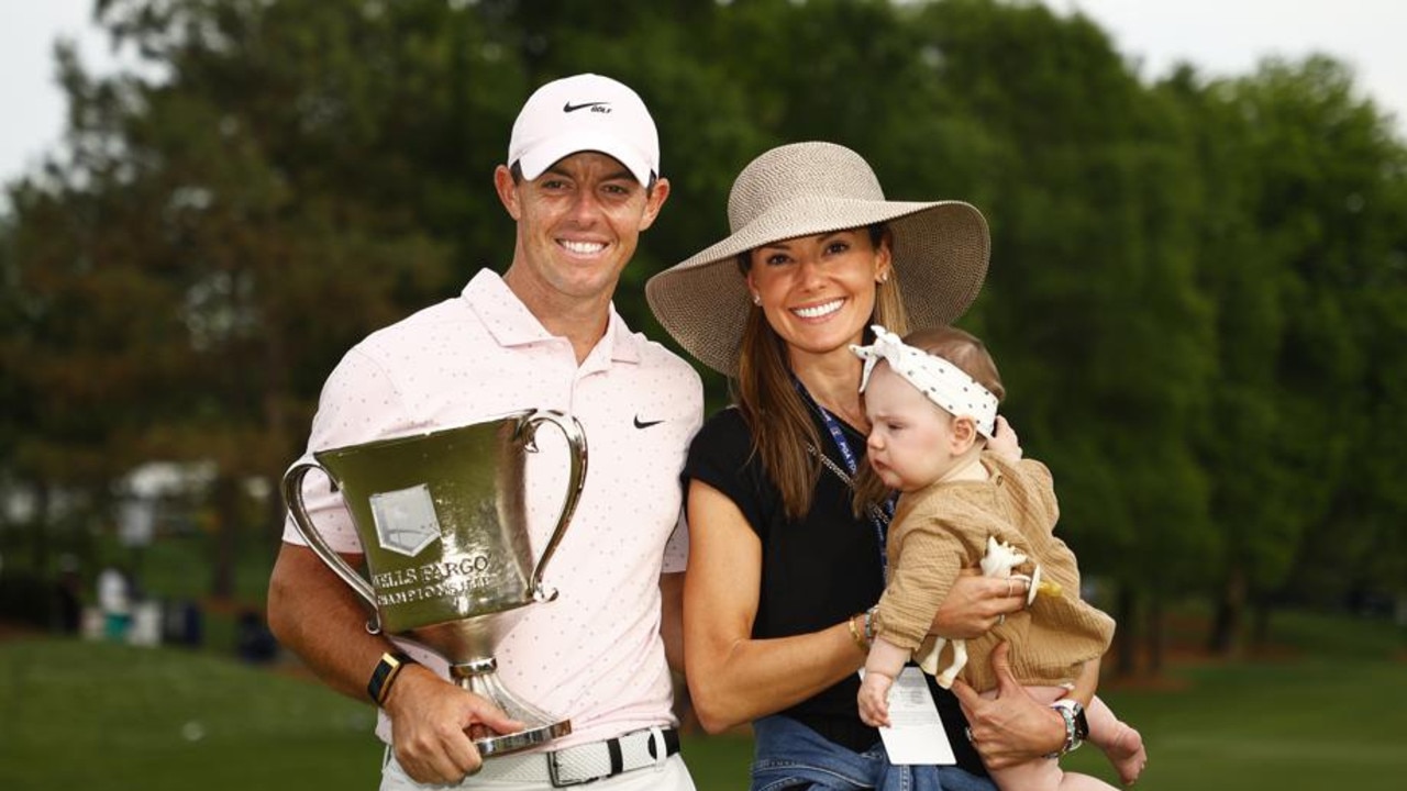 Rory McIlroy, with now estranged wife Erica Stoll and daughter Poppy after a tournament win in 2021. (Photo by Jared C. Tilton/Getty Images)