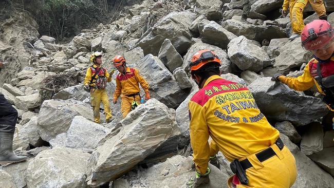 Rescuers searching the Taroko National Park after an earthquake in Hualien. Picture: AFP