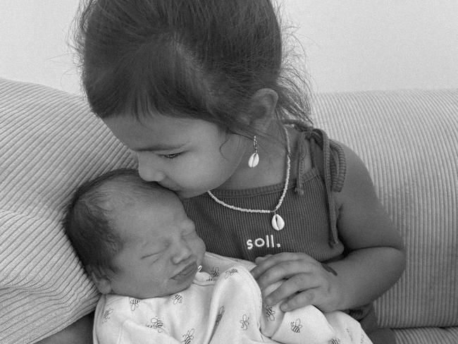 Payne Haas' daughter Lalita, 3, with her newborn brother named Luckee. Picture: Instagram