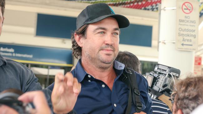 Matt Wright arrived in Darwin flanked by security guards to face charges related to the fatal accident which killed his friend and co-star Chris ‘Willow’ Wilson. Picture: Glenn Campbell