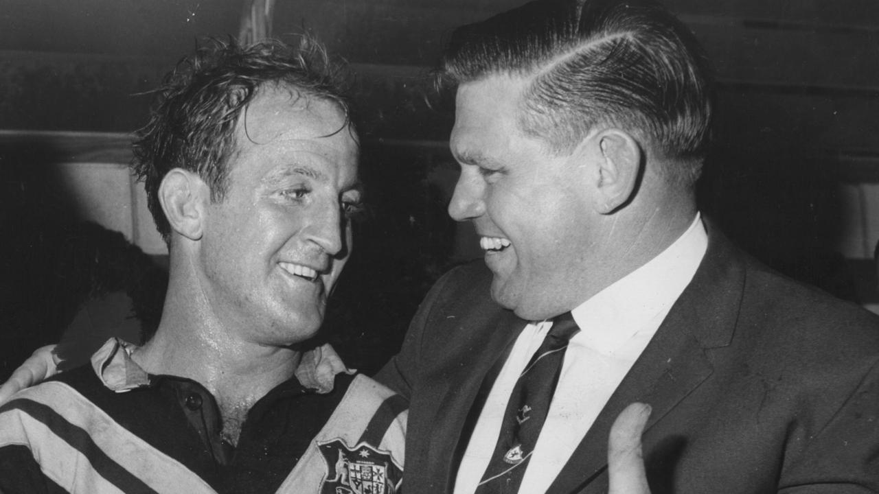 Johnny Raper and Australia coach Harry Bath celebrate their World Cup victory in 1968.