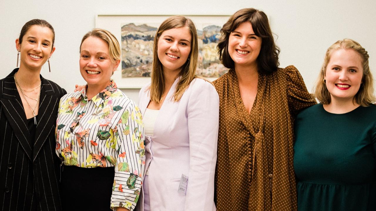 EXCLUSIVE – From left to right: Chanel Contos, Rachelle Miller, Brittany Higgins, Chelsey Potter and Josie Coles, photographed at parliament yesterday.