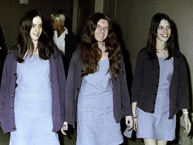 Manson followers Susan Atkins, Patricia Krenwinkel and Leslie Van Houten walking to court.