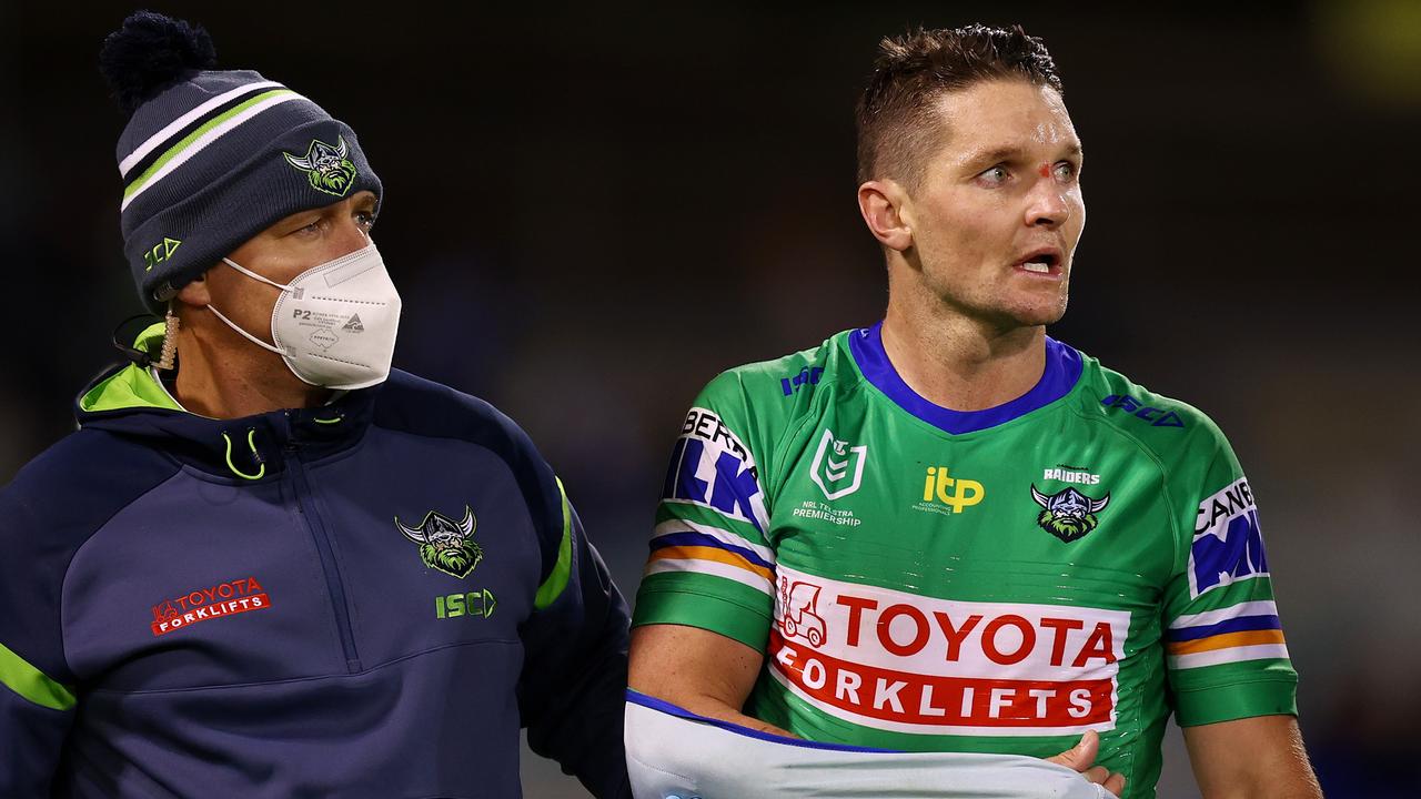 Jarrod Croker of the Raiders is taken from the field. Photo by Mark Nolan/Getty Images