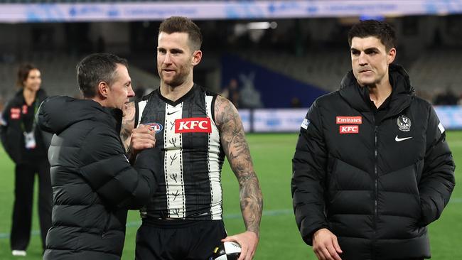 Collingwood’s Jeremy Howe (centre) said it “will rip the heart out of the state” if the Tassie Devils don’t eventuate. (Photo by James Wiltshire/AFL Photos via Getty Images)