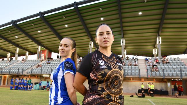 Hellenic Athletic Women and NT Yapas captains, Leonora Kilmartin and Imogene Briston on Friday night at the Darwin Football Stadium, where spectators are now allowed. Picture: Natasha Emeck