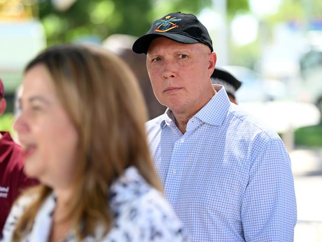 BRISBANE, AUSTRALIA - NewsWire Photos - MARCH 8, 2022.Defence Minister, Peter Dutton joins Queensland Premier Annastacia Palaszczuk during a press conference outside a recovery hub in Goodna, west of Brisbane. The clean-up after recent major floods and storms continues in Brisbane and around SEQ. Picture: NCA NewsWire / Dan Peled