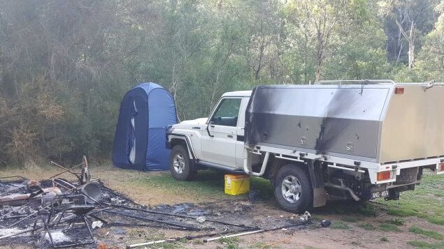 Russell Hill and Carol Clay's burnout campsite near Dry River track at Billabong in the Wonnangatta Valley. Picture: ABC.