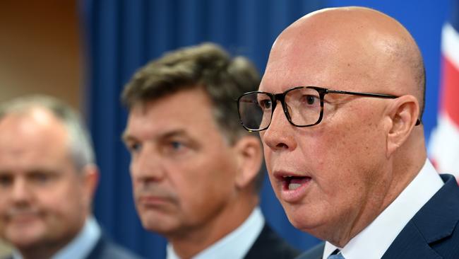 Opposition Leader Peter Dutton, with frontbenchers Ted O’Brien and Angus Taylor, must present a more credible economic and energy plan for now to win next year’s election. Picture: John Gass/NewsWire