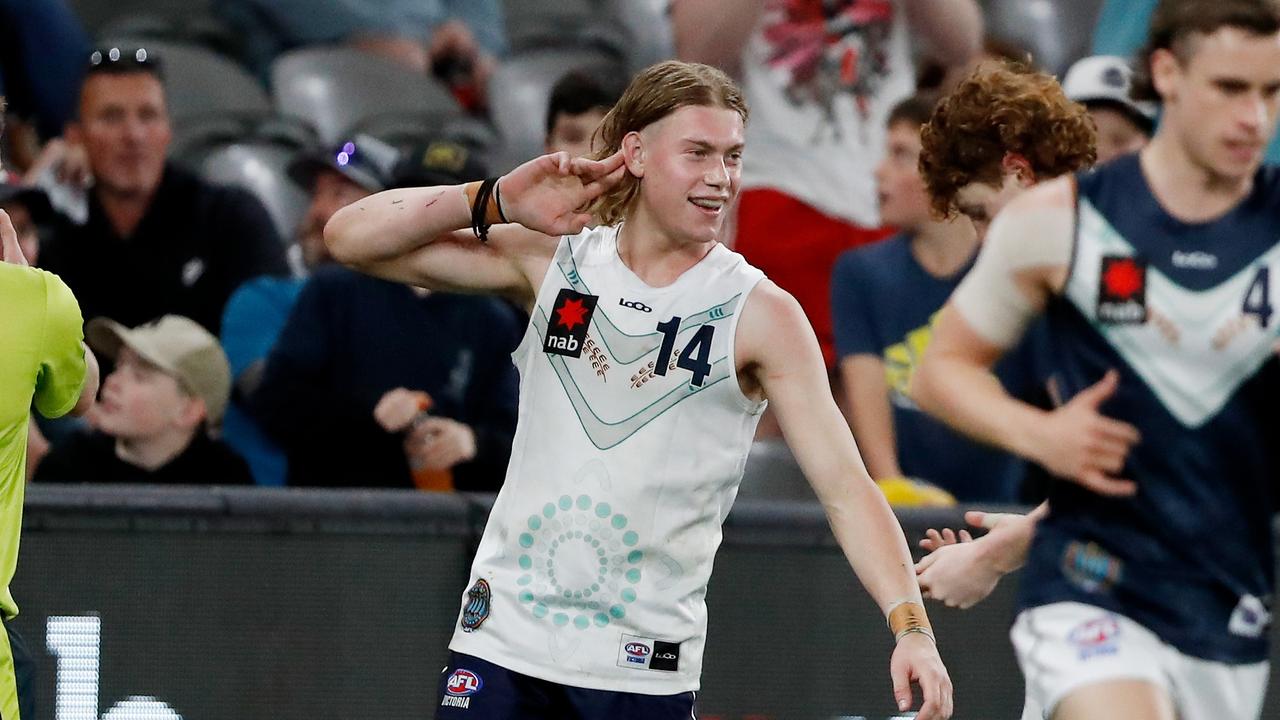 Harley Reid lets the crowd know about it after a goal. Picture: Dylan Burns/AFL Photos via Getty Images